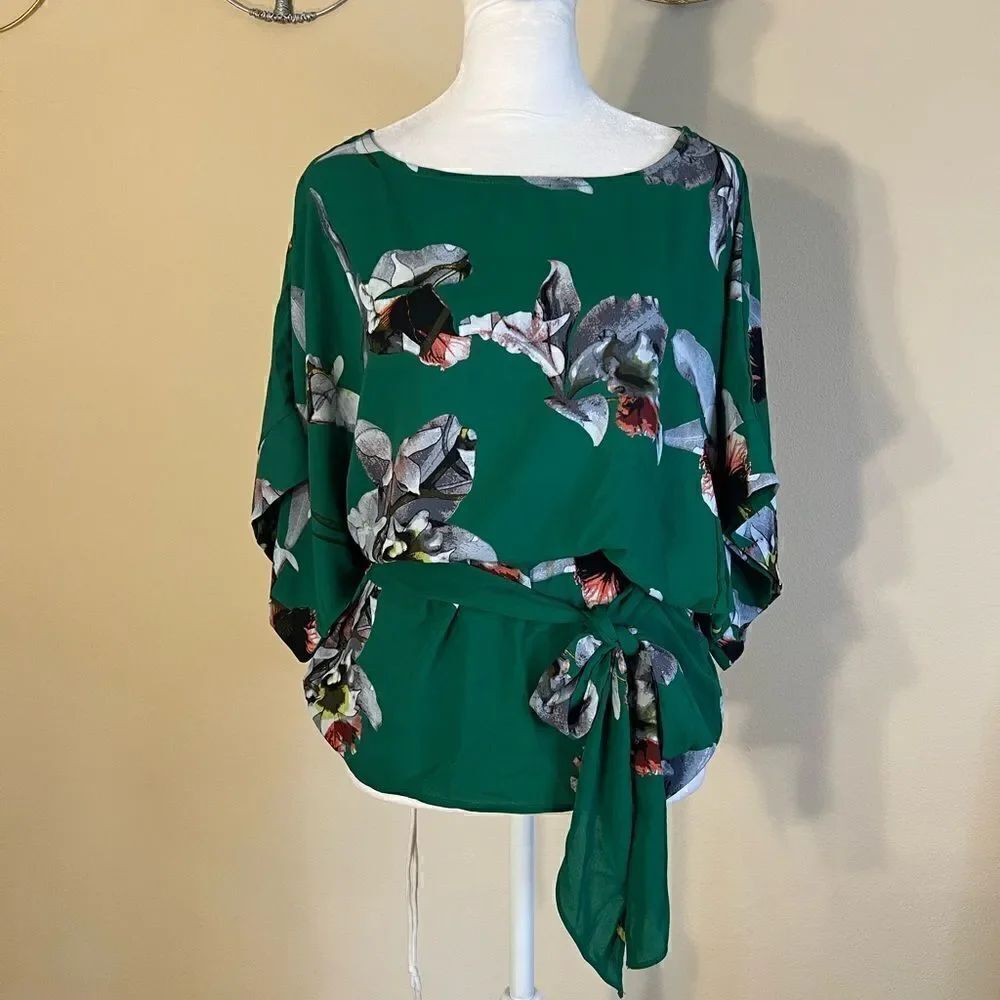 7th Avenue New York & Company Green Boatneck Wide Relaxed Fit Belted Blouse XS